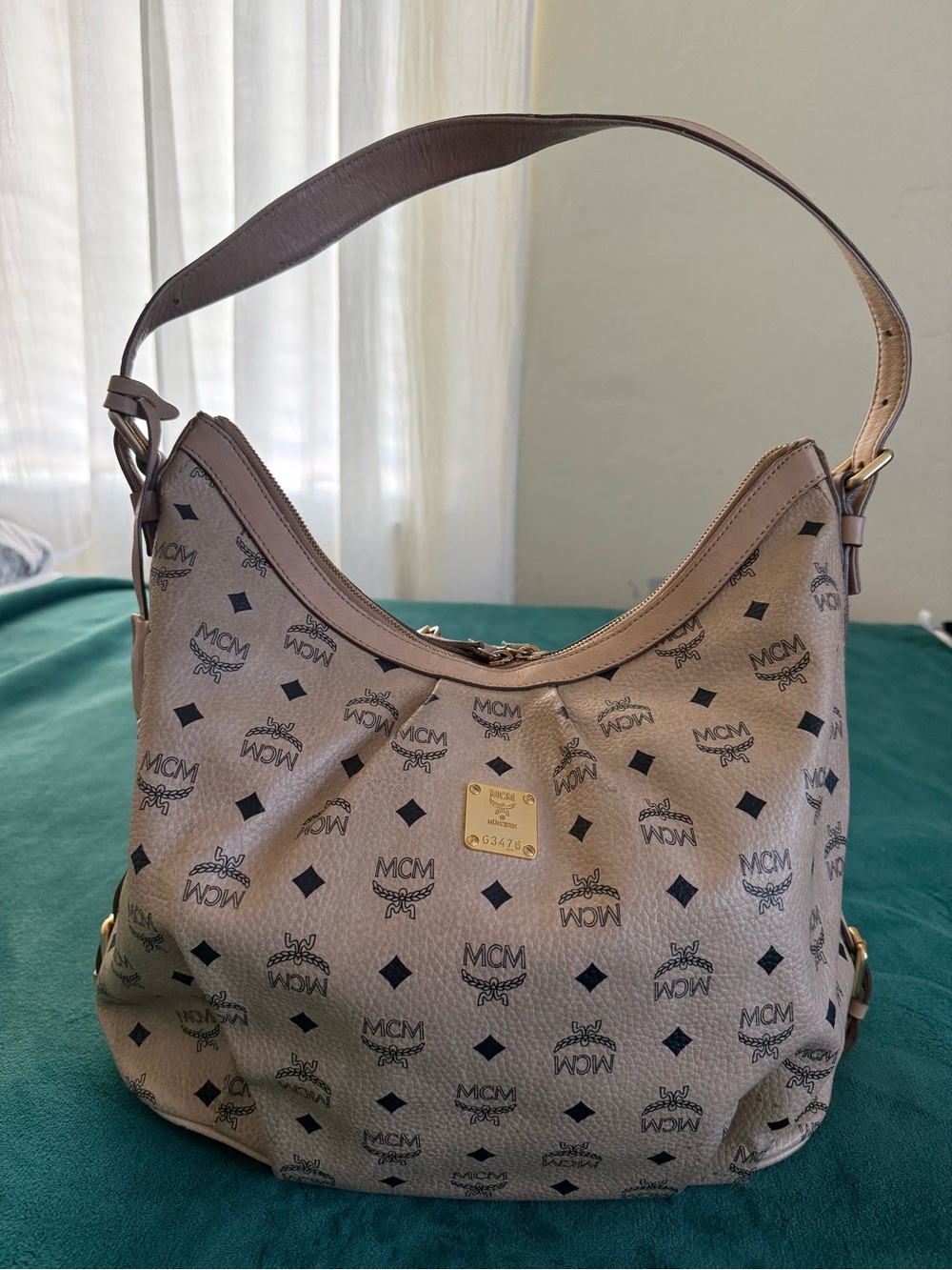 MCM Beige Visetos Hobo with Black Monogram Print